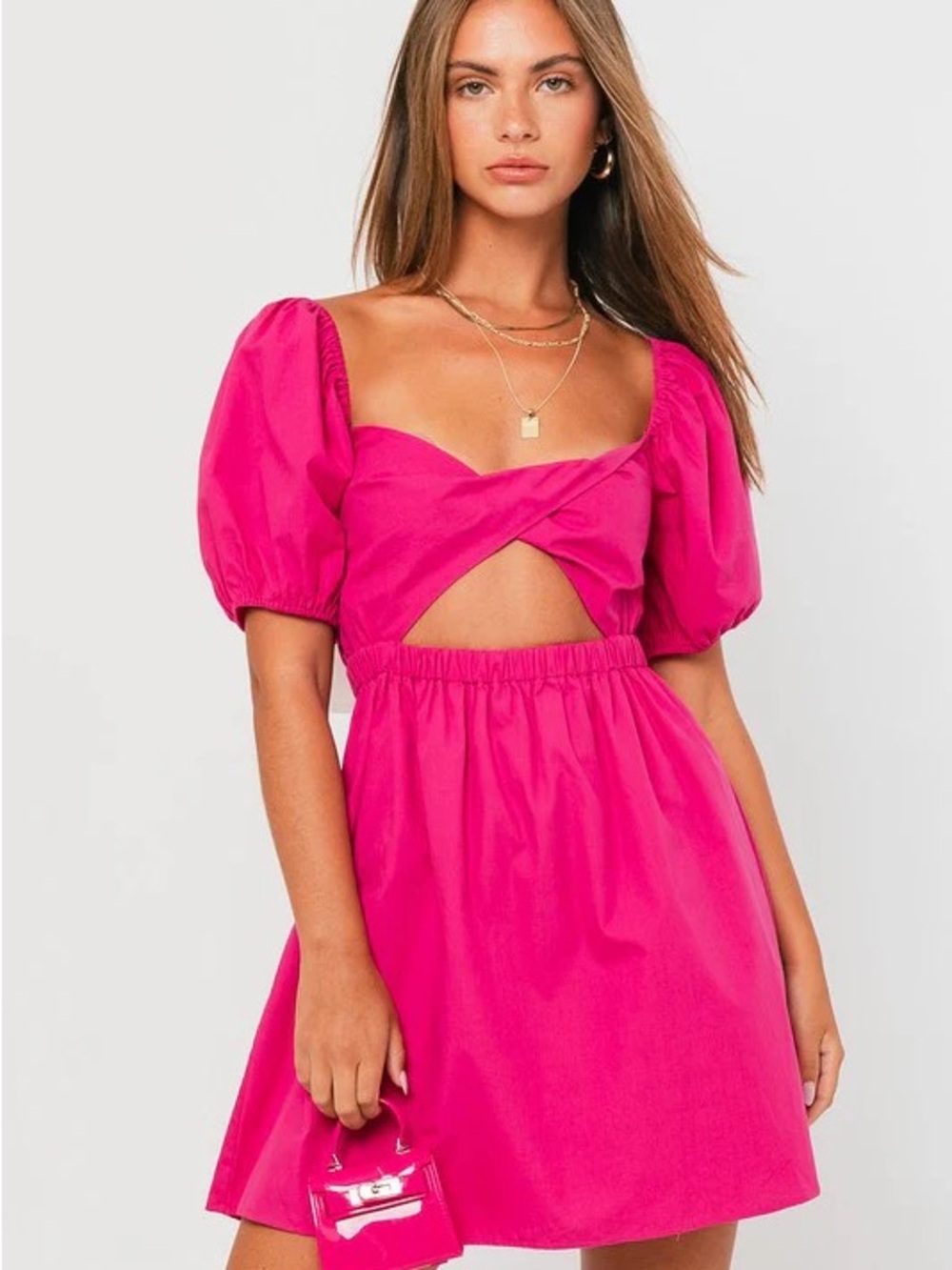 Le Lis Hot Pink Puff-Sleeve Cutout Mini Dress
